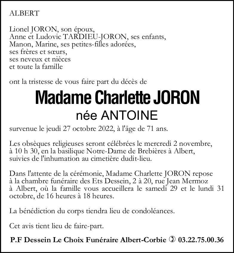 avis de décès de Madame Charlette JORON née ANTOINE
