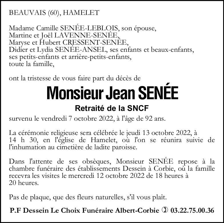 avis de décès de Monsieur Jean SENEE