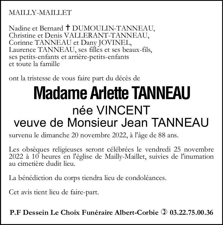 Avis de décès Arlette TANNEAU