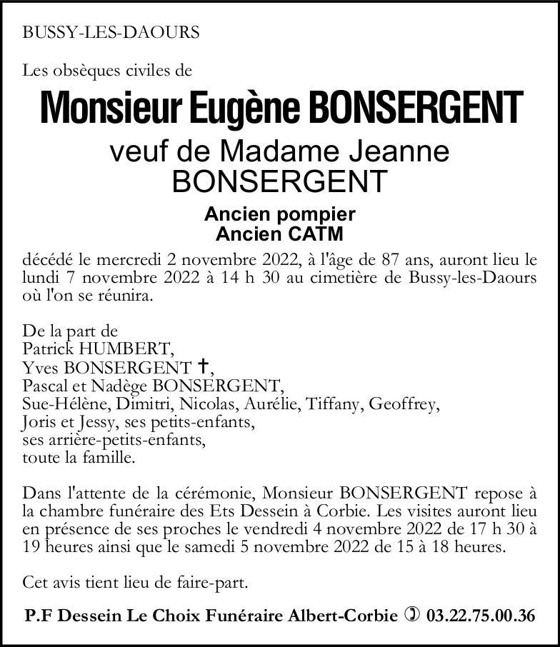 Avis de décès Eugène BONSERGENT