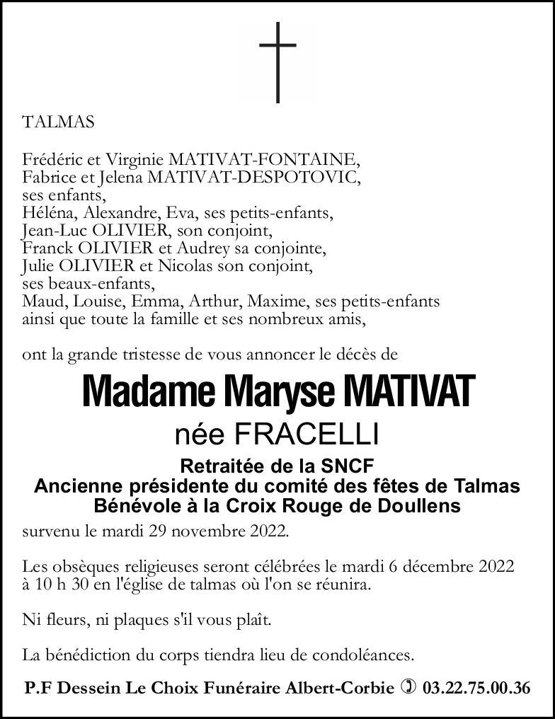 Avis de décès MATIVAT Maryse