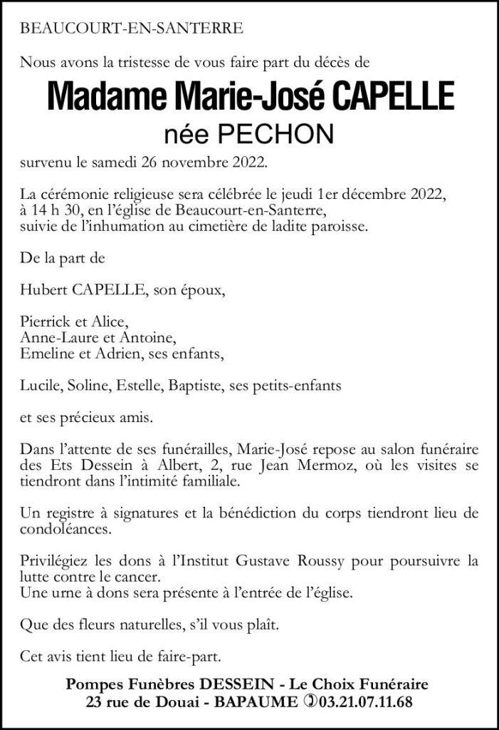 Avis de décès Madame Marie-José CAPELLE née PECHON