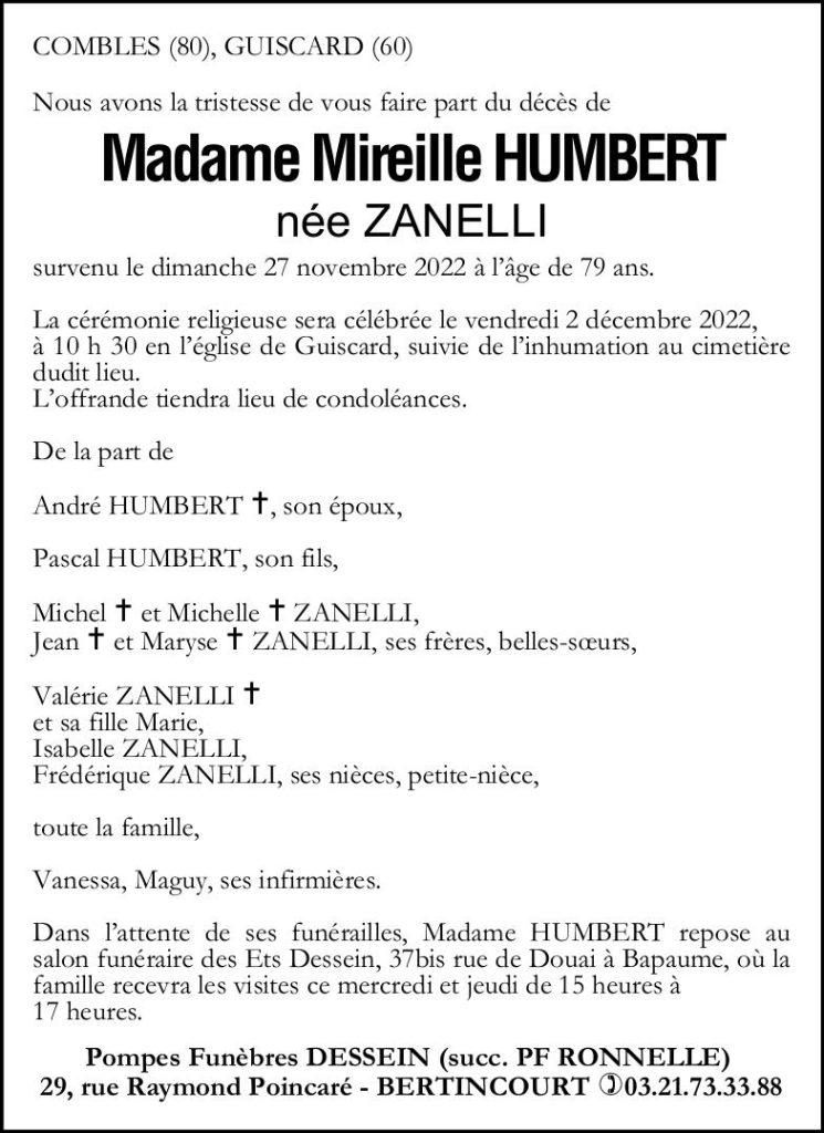 Avis de décès Madame Mireille HUMBERT née ZANELLI