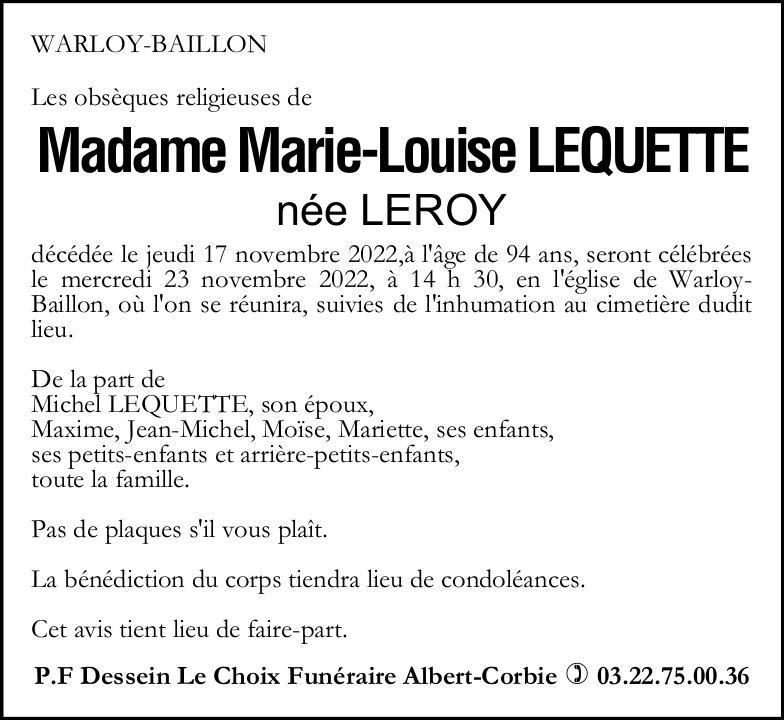 Avis de décès Marinette LEQUETTE
