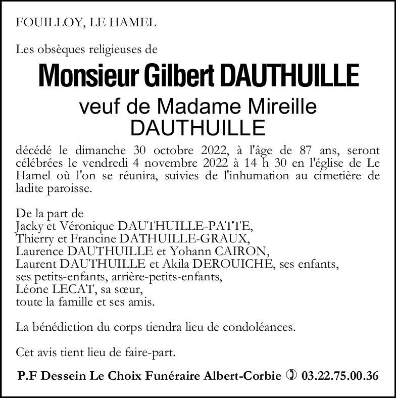 Avis de décès Monsieur Gilbert DAUTHUILLE