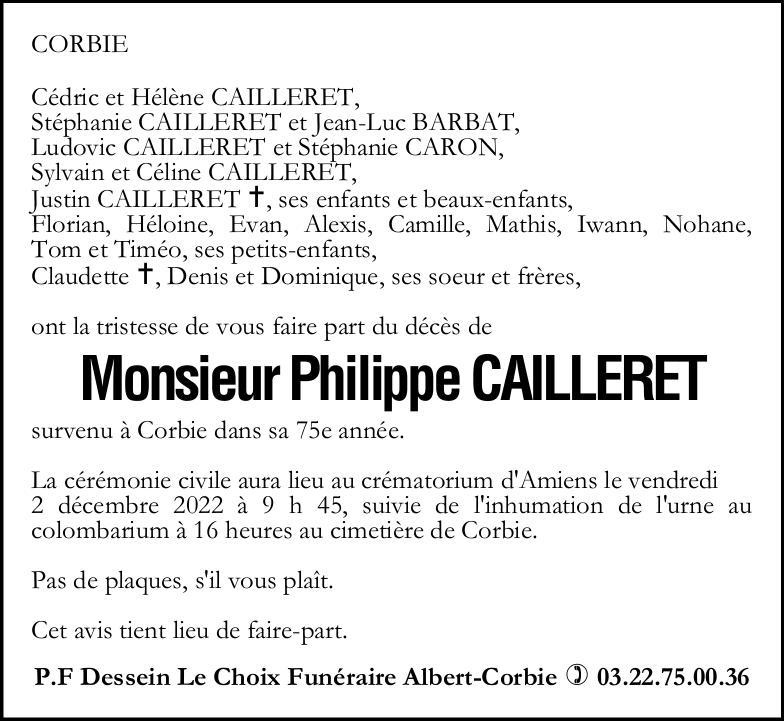 Avis de décès Philippe CAILLERET
