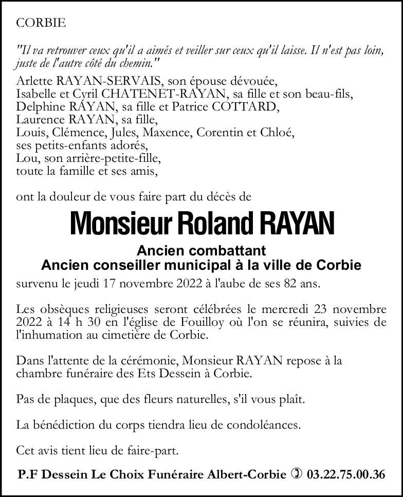 Avis de décès Roland RAYAN