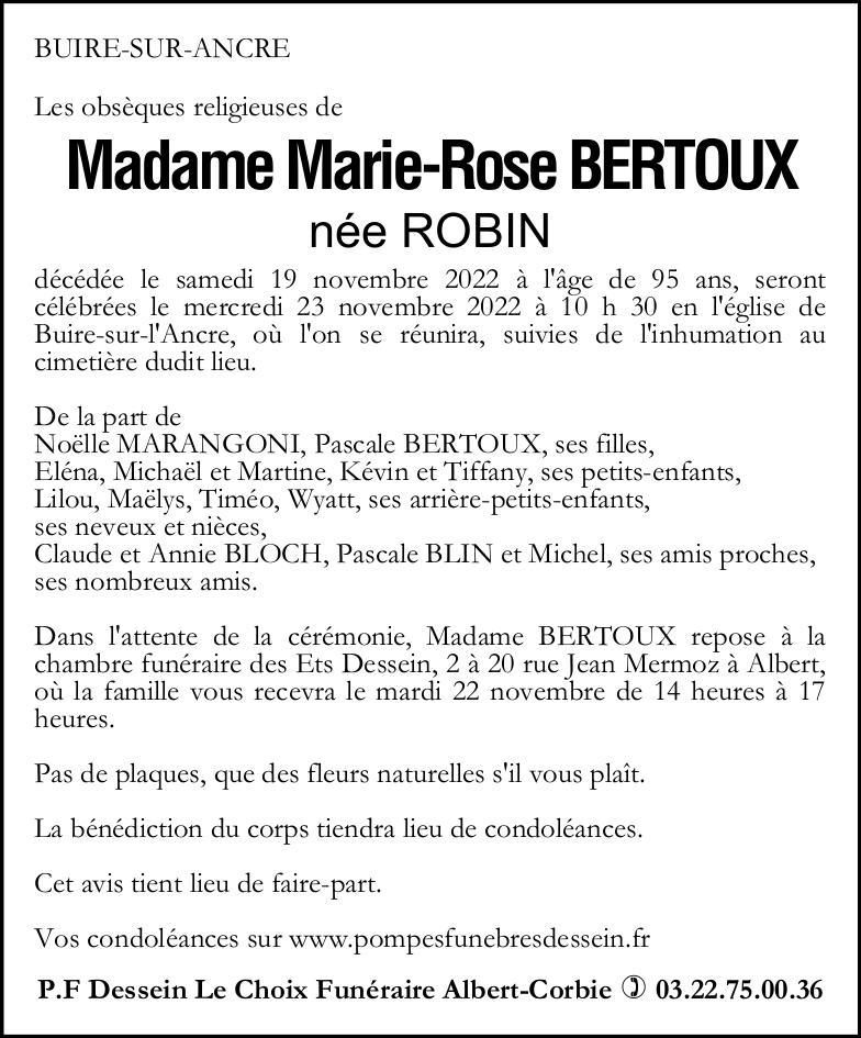 Avis de décès de Madame Marie-Rose BERTOUX née ROBIN