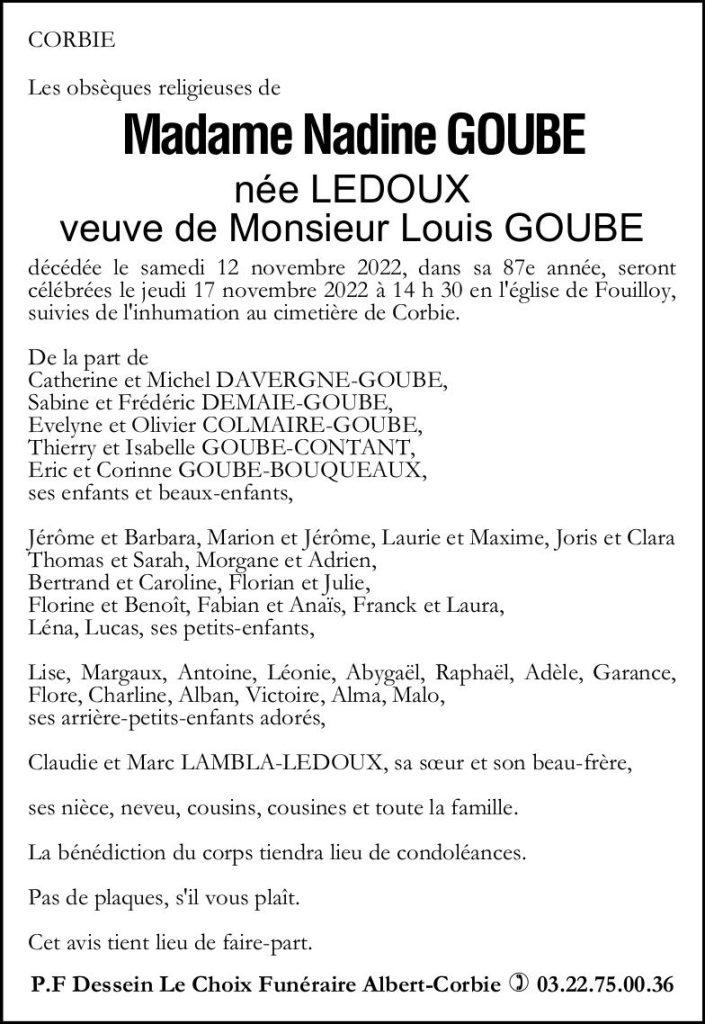 Avis de décès de Madame Nadine GOUBE née LEDOUX