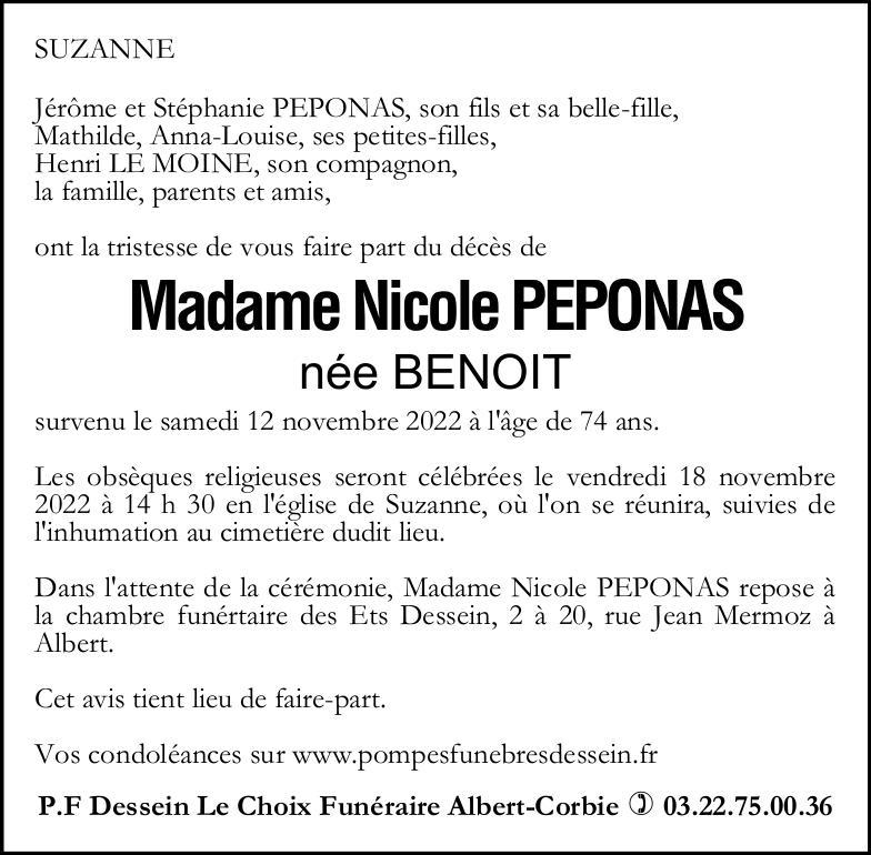 Avis de décès de Madame Nicole PEPONAS née BENOIT