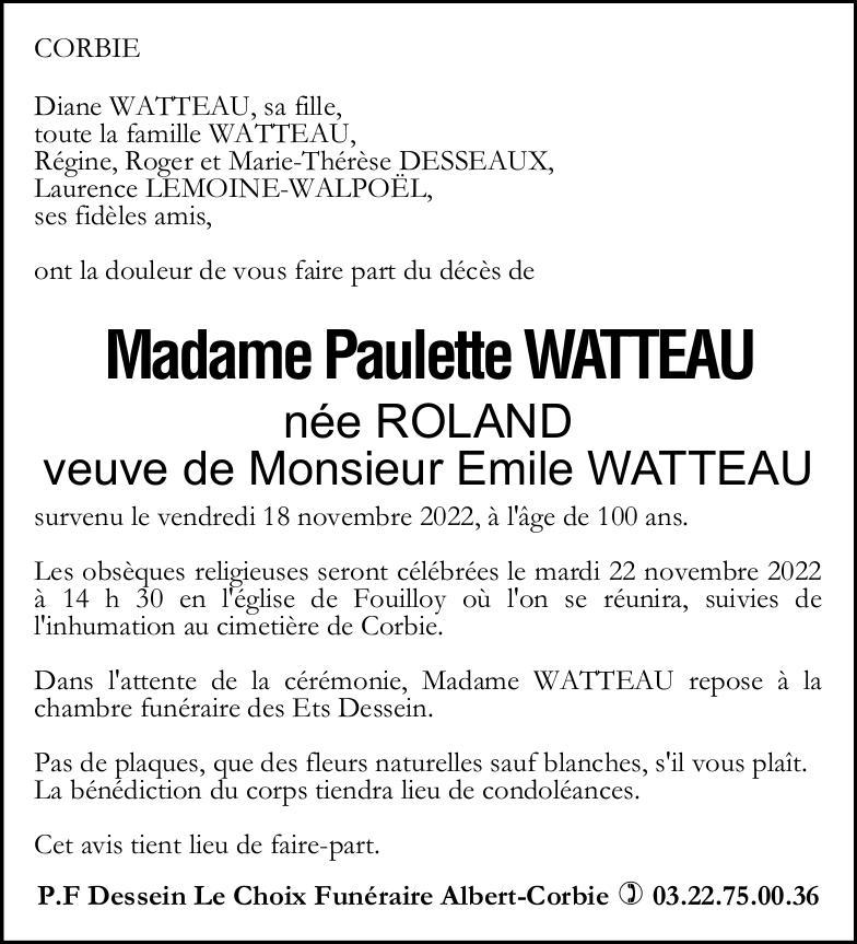 Avis de décès de Madame Paulette WATTEAU née ROLAND