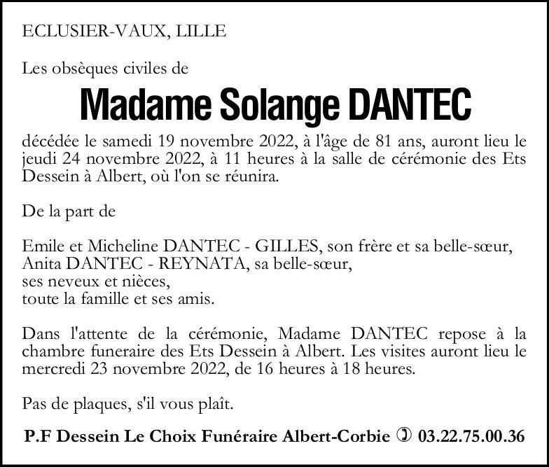 Avis de décès de Madame Solange DANTEC