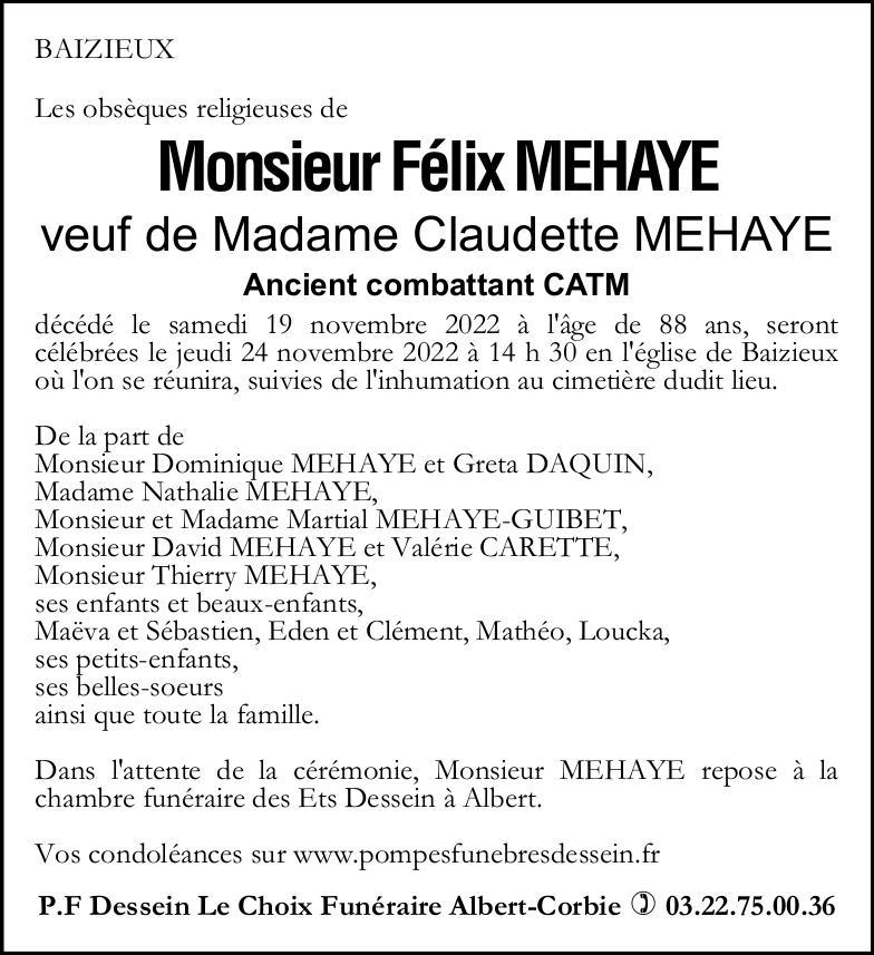 Avis de décès de Monsieur Félix MEHAYE