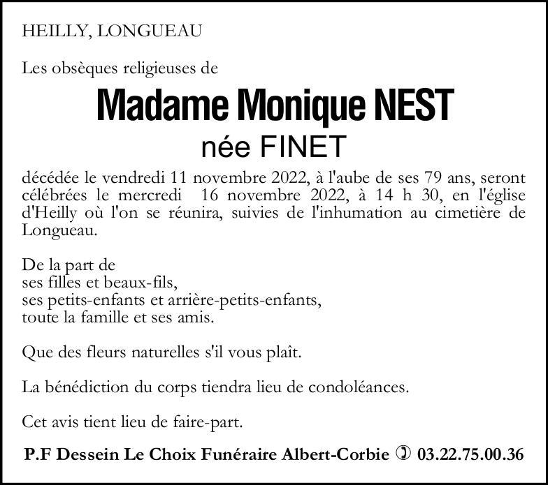 avis de décès de Madame Monique NEST née FINET