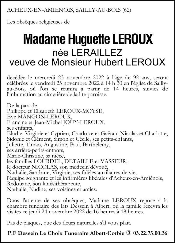 avis de décès de Mme Huguette LEROUX née LERAILLEZ
