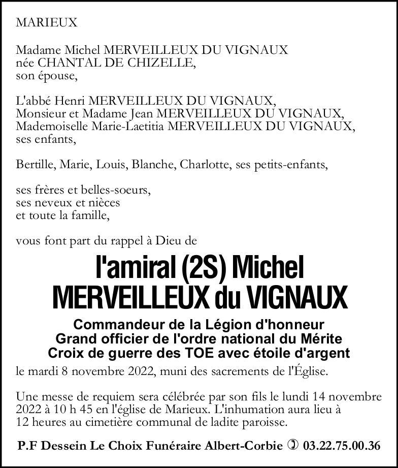 avis de décès de l'Amiral Michel MERVEILLEUX du VIGNAUX