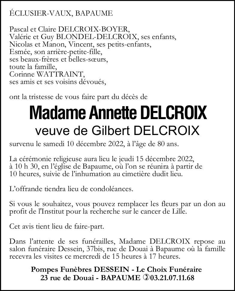 Avis de Décès - Madame Annette DELCROIX née BRACQ