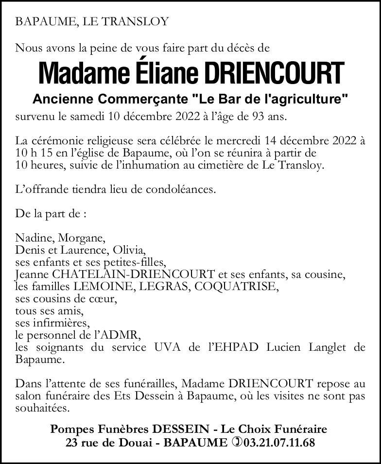 Avis de Décès - Madame Éliane DRIENCOURT