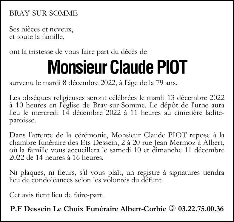 Avis de décès Claude PIOT