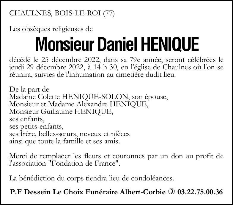 Avis de décès Daniel HENIQUE