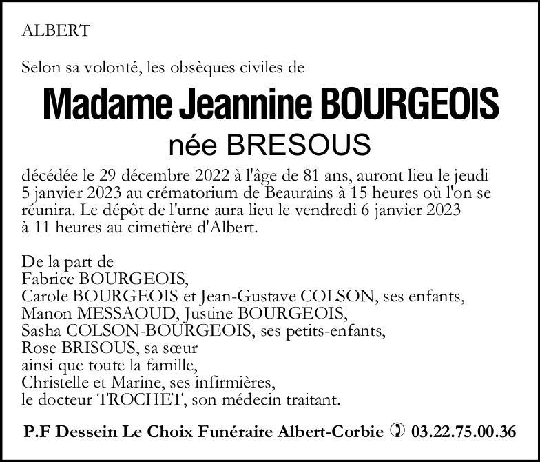 Avis de décès Jeannine BOURGEOIS née BRESOUS