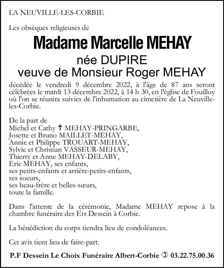 Avis de décès Marcelle MEHAY
