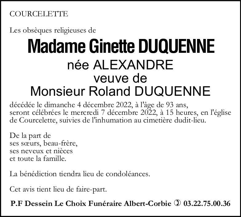 Avis de décès Mme Ginette DUQUENNE