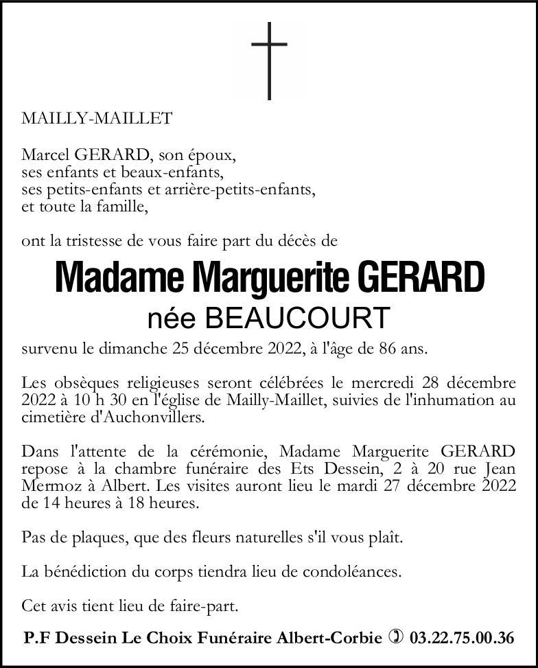 Avis de décès MmeMarguerite GERARD