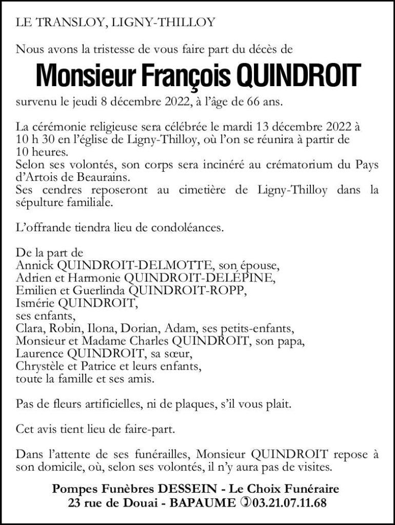 Avis de décès - Monsieur QUINDROIT François