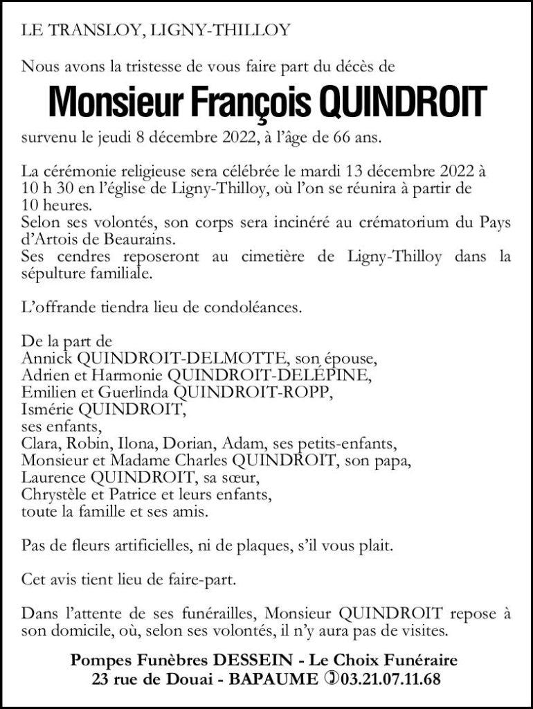 Avis de décès - Monsieur QUINDROIT François
