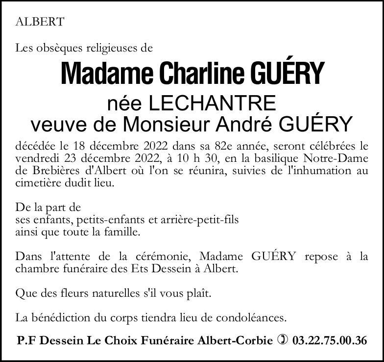 Avis de décès de Madame Charline GUERY née LECHANTRE