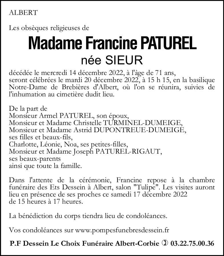 Avis de décès de Madame Francine PATUREL née SIEUR