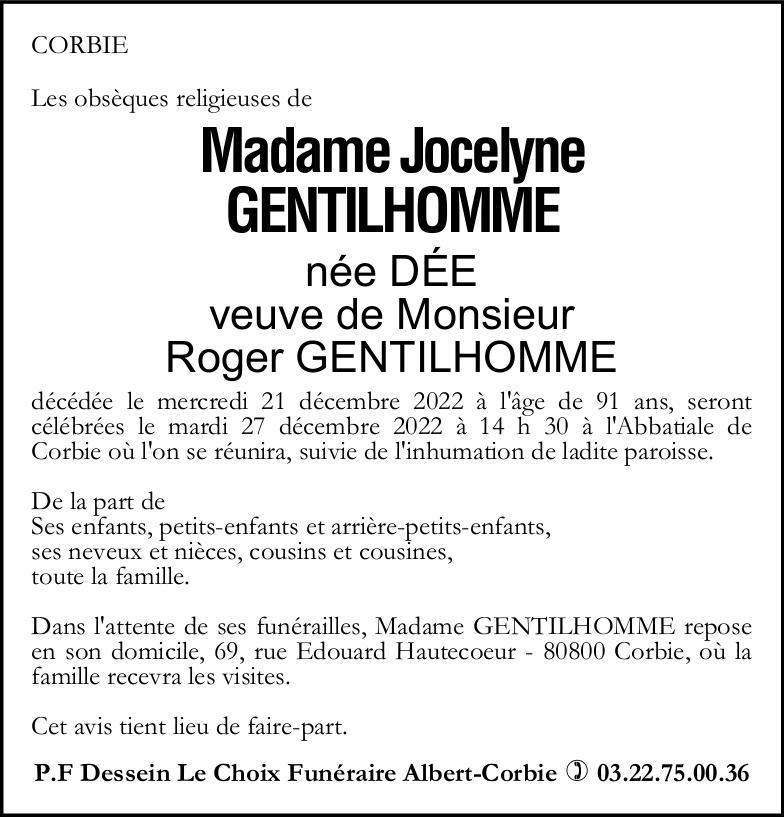 Avis de décès de Madame Jocelyne GENTILHOMME née DEE