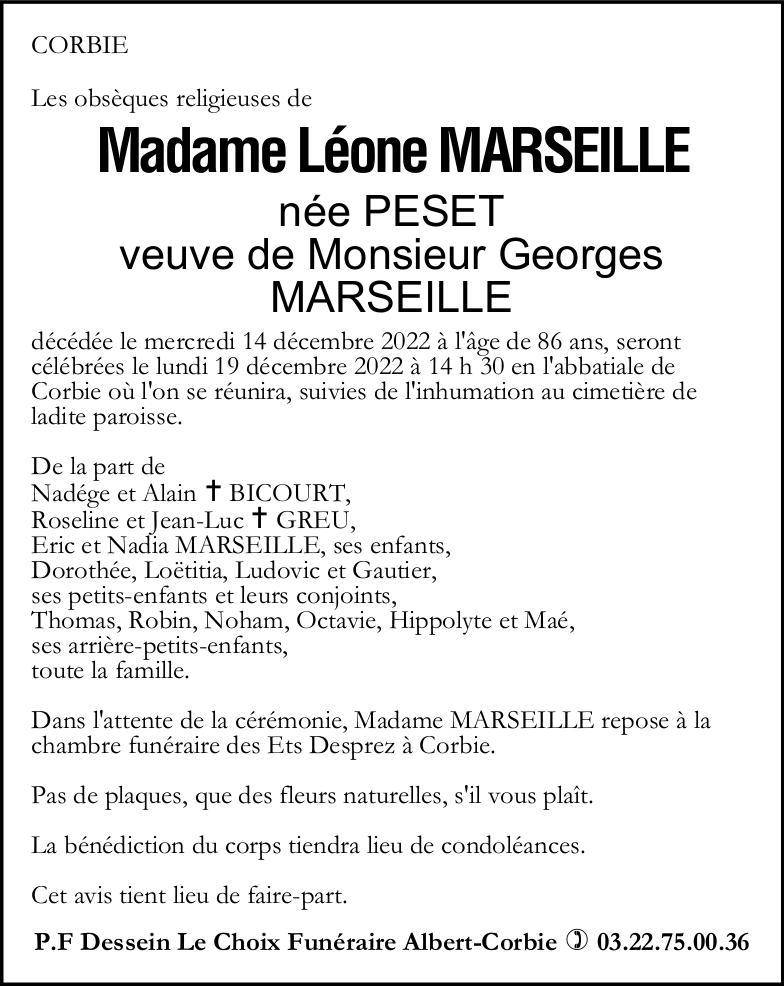 Avis de décès de Madame Léone MARSEILLE née PESET