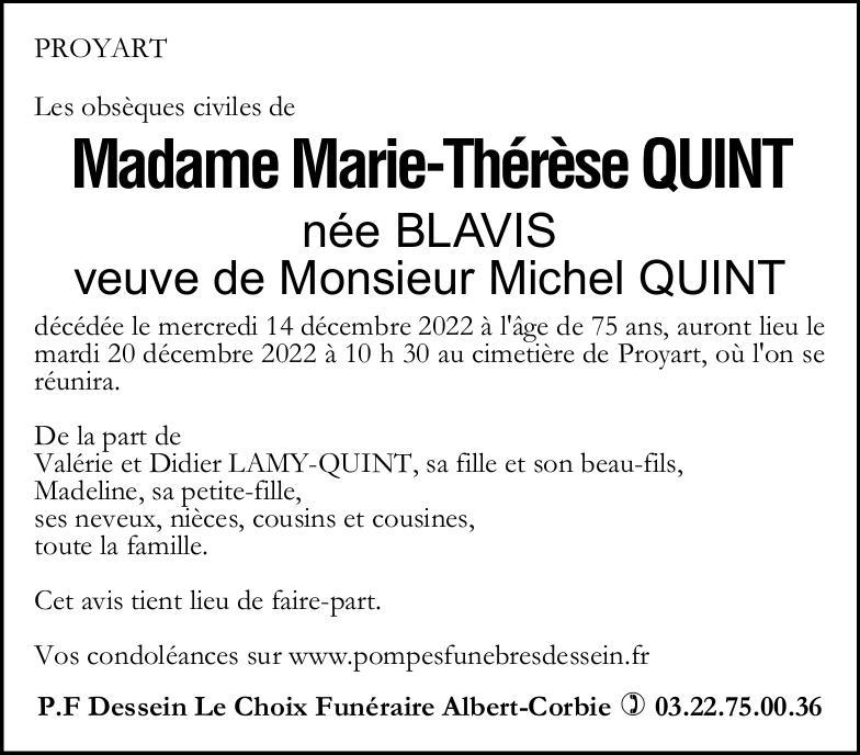Avis de décès de Madame Marie-Thérèse QUINT née BLAVIS
