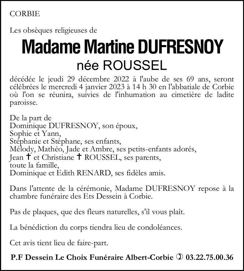Avis de décès de Madame Martine DUFRESNOY née ROUSSEL