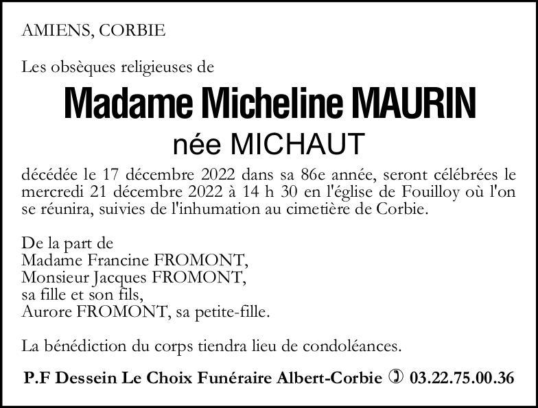 Avis de décès de Madame Micheline MAURIN née MICHAUT