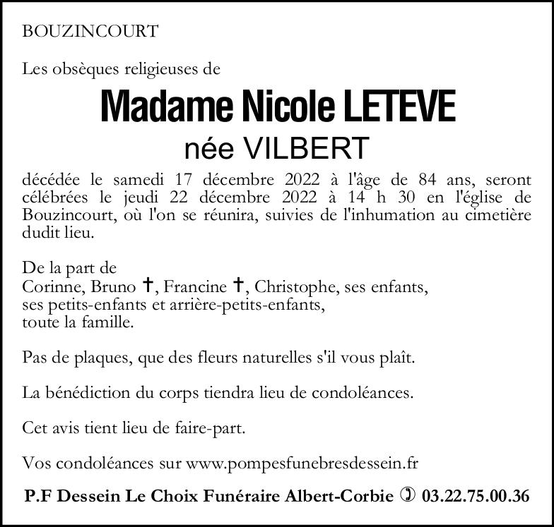 Avis de décès de Madame Nicole LETEVE née VILBERT
