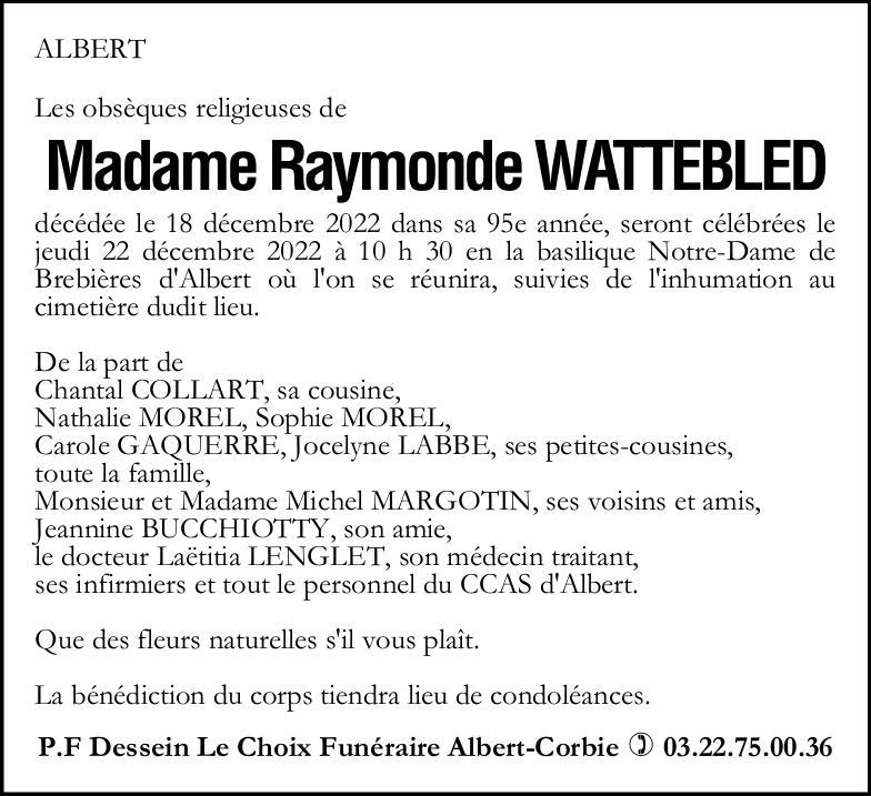 Avis de décès de Madame Raymonde WATTEBLED