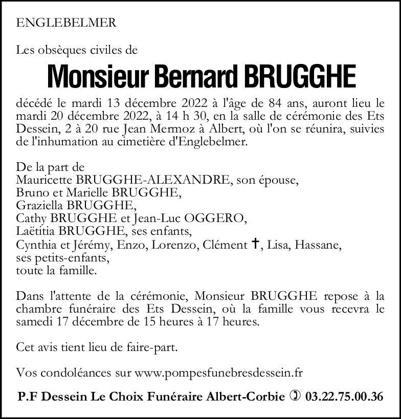 Avis de décès de Monsieur Bernard BRUGGHE