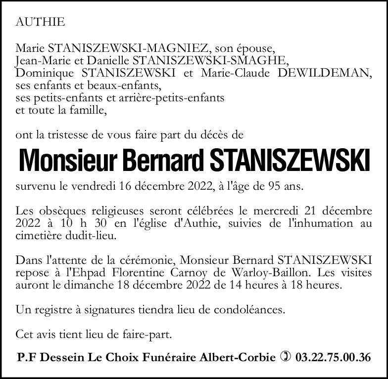 Avis de décès de Monsieur Bernard STANISZEWSKI