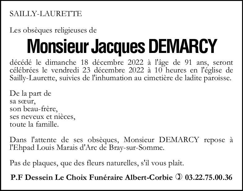 avis de décès de Monsieur Jacques DEMARCY