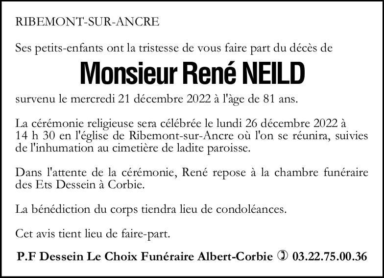 Avis de décès de Monsieur René NEILD