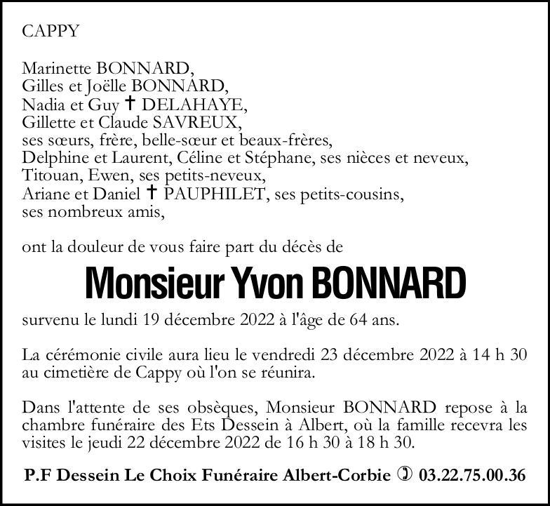 Avis de décès de Monsieur Yvon BONNARD
