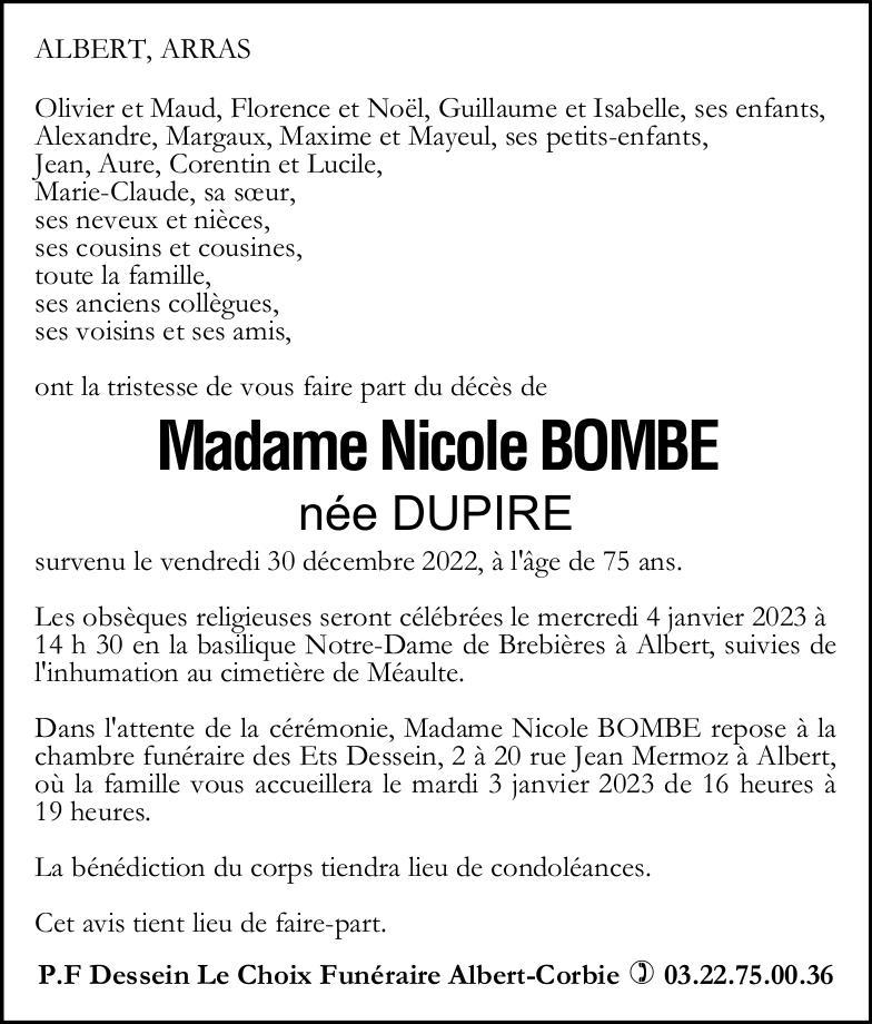 avis de Madame Nicole BOMBE née DUPIRE