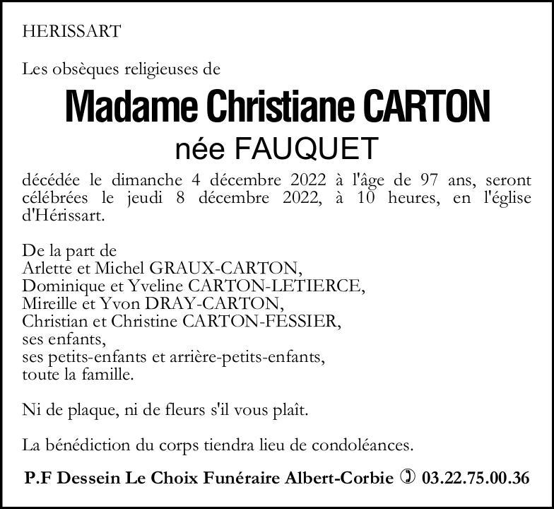 avis de décès de Madame Christiane CARTON née FAUQUET