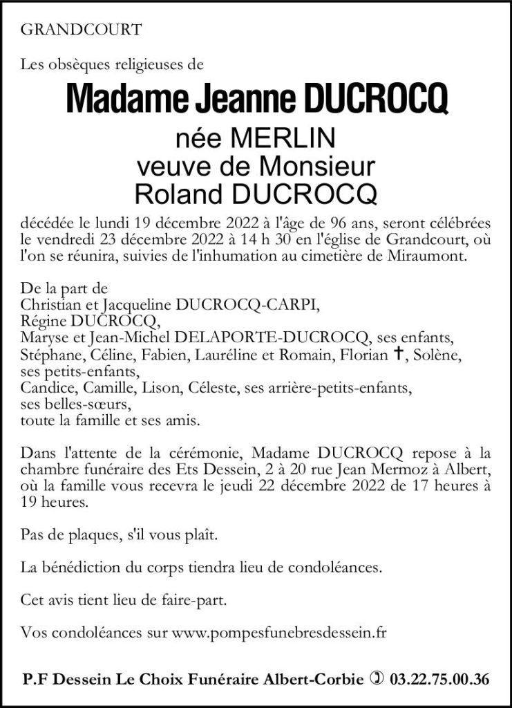 avis de décès de Madame Jeanne DUCROCQ née MERLIN