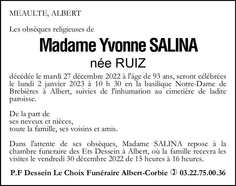 avis de décès de Madame SALINA Yvonne née RUIZ