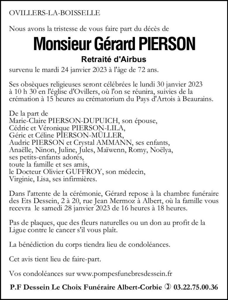 Avis de décès Gérard PIERSON