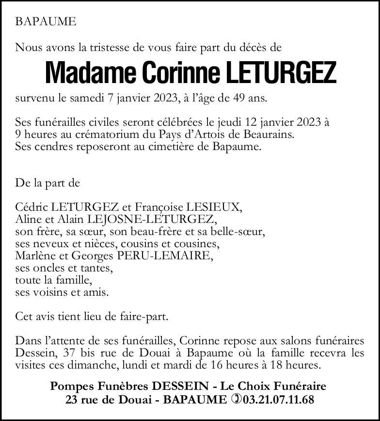 Avis de décès - Madame Corinne LETURGEZ